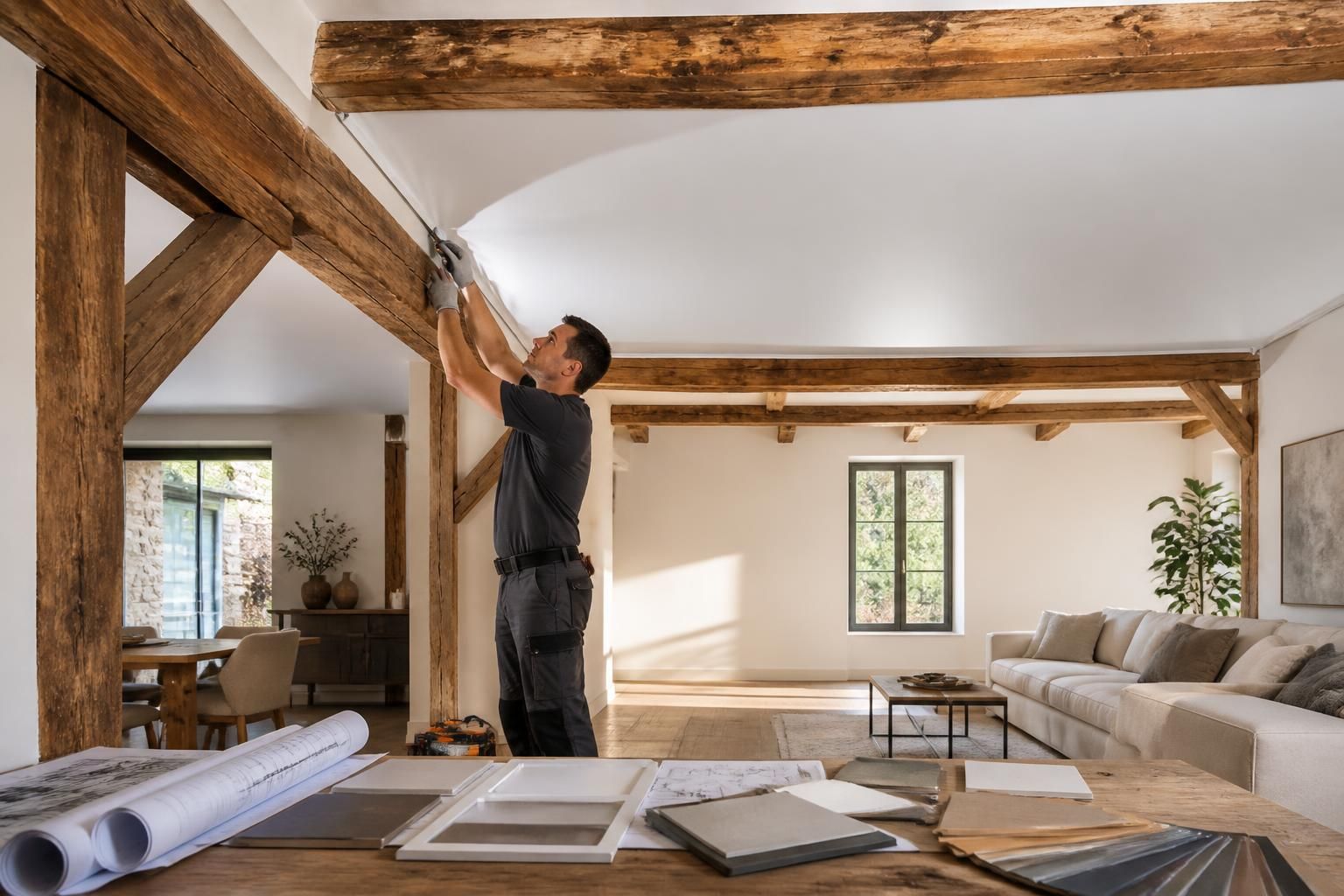 découvrez nos conseils pour trouver un artisan qualifié spécialisé dans la pose de plafond tendu, même dans une pièce avec poutres apparentes, afin d'allier esthétique et qualité.