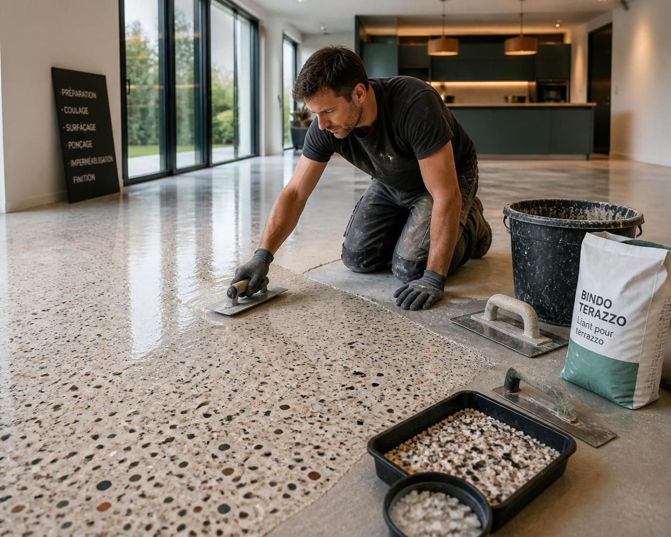 découvrez si un carreleur classique est compétent pour la pose d'un sol en terrazzo coulé sur place et quelles sont les spécificités de cette technique.