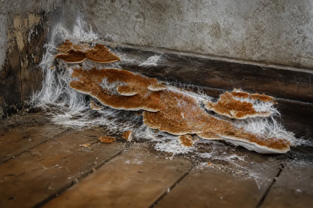 Mérule sur un plancher en bois dans une cave humide