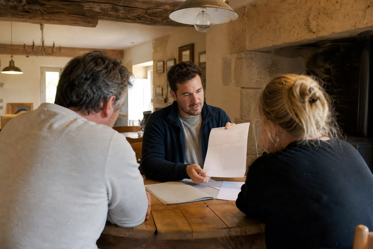 Artisan présentant un devis à un couple dans une maison ancienne