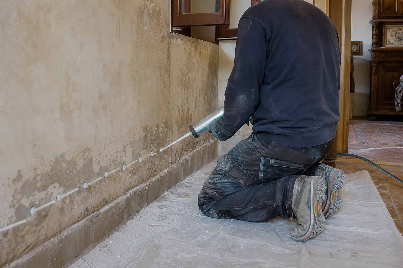 Injection de crème hydrofuge en pied de mur intérieur