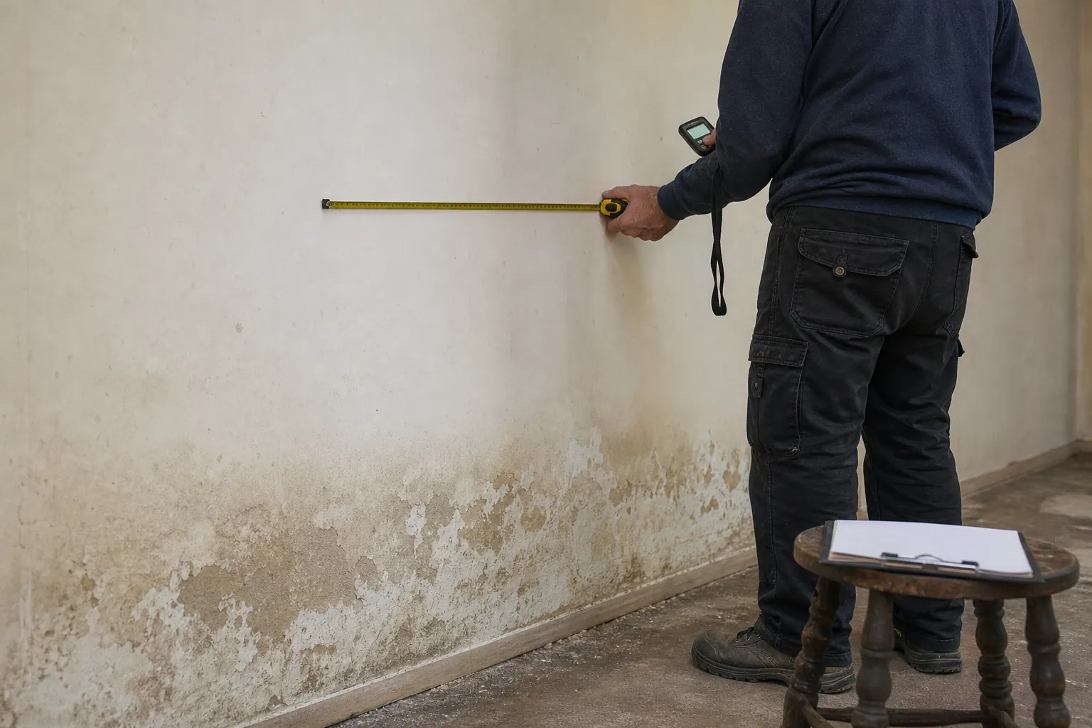 Métrage d’un mur humide avant devis de traitement