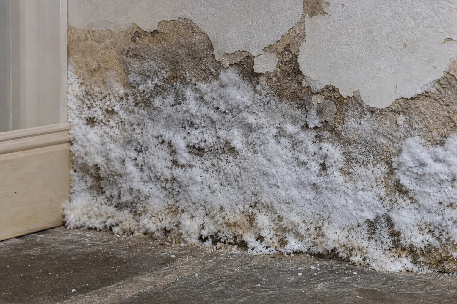 Salpêtre blanc sur le bas d’un mur ancien humide
