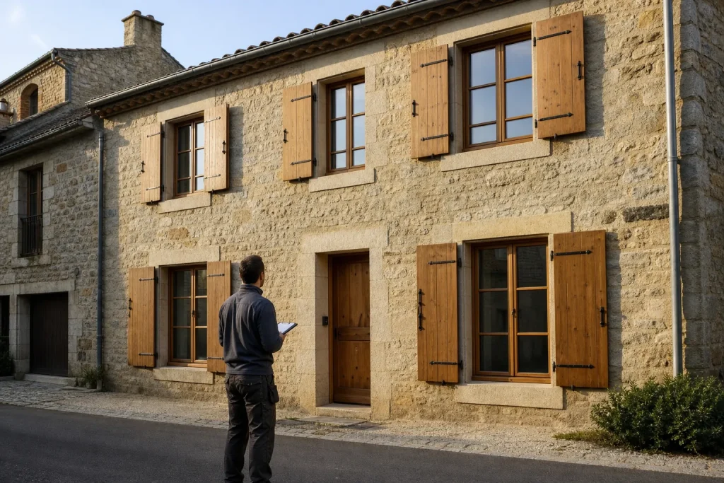 Artisan devant une maison en pierre rénovée