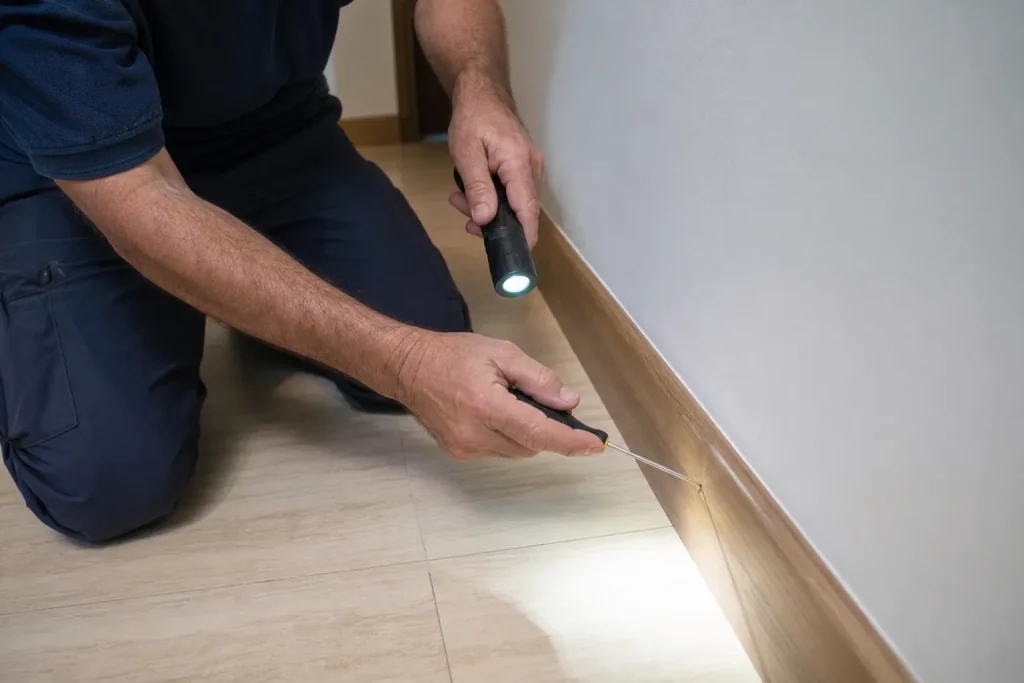 Recherche de termites par sondage d’une plinthe