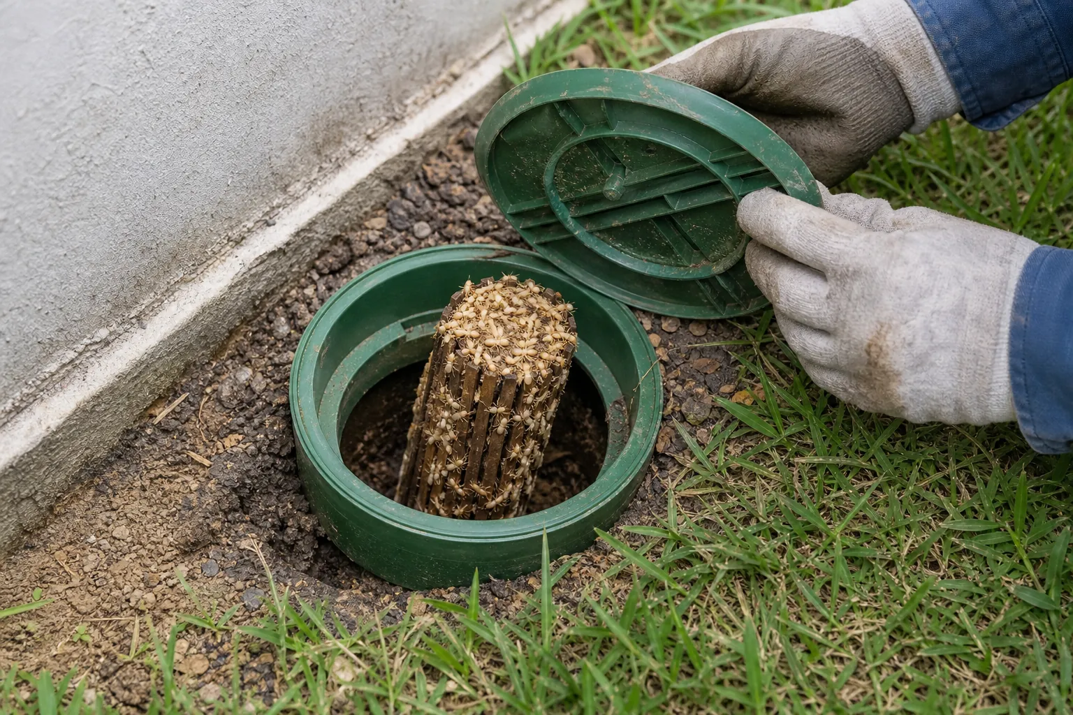 Station de piège à termites ouverte avec sa cartouche d’appât